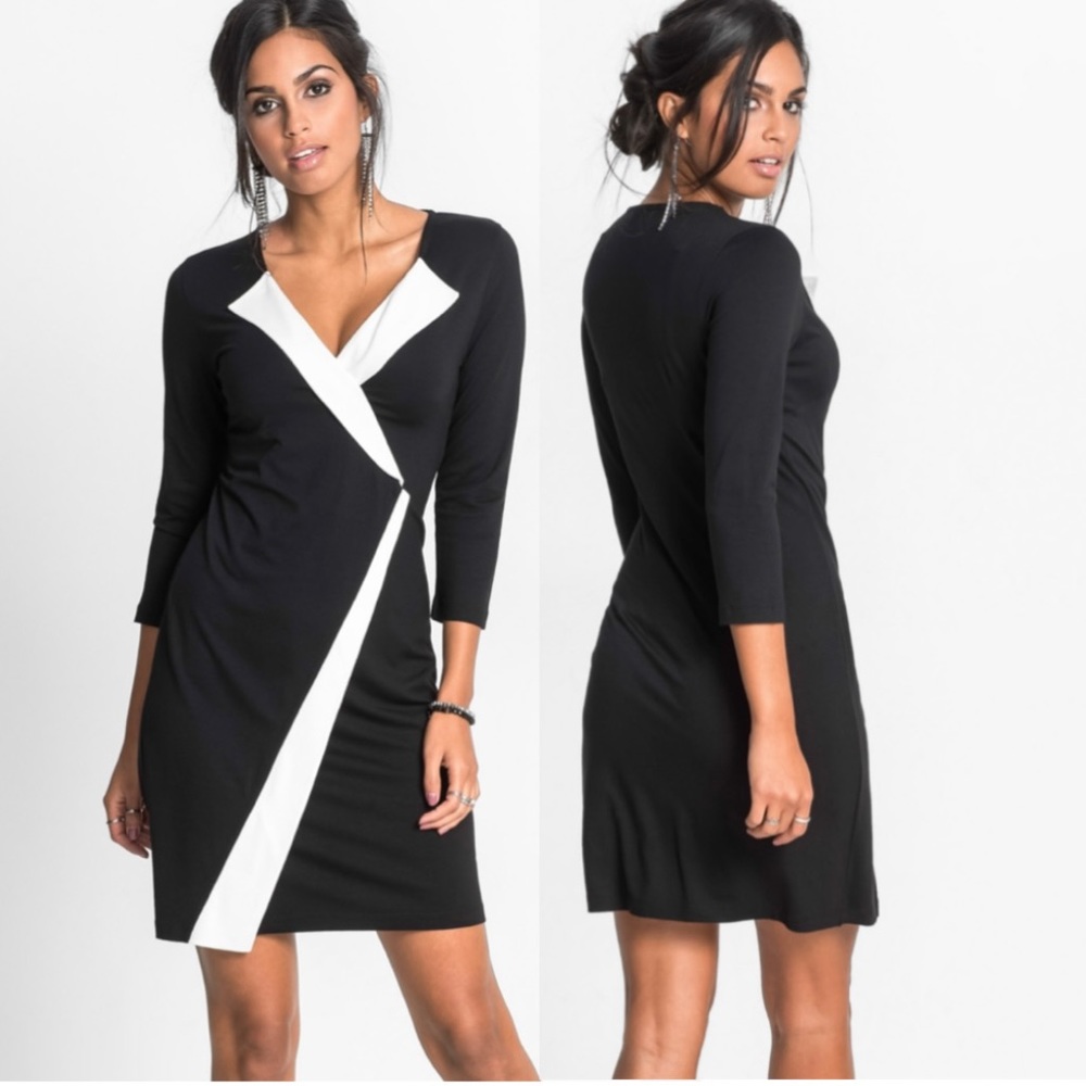 Venus wrap fitted work formal black dress with white trim Size XS